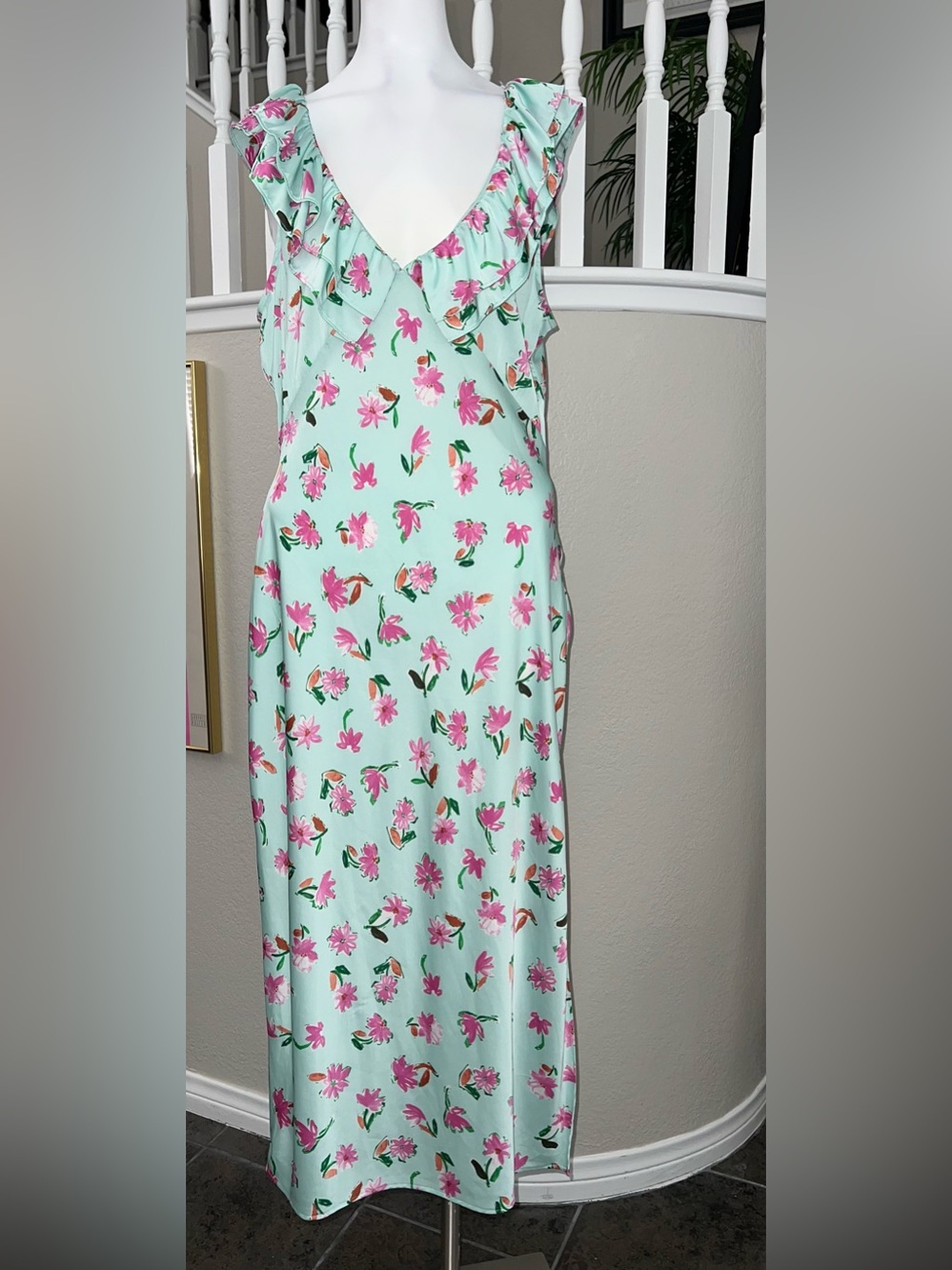 Zara Pullover Sleeveless Mint Floral Maxi Dress with Ruffle V-Neck